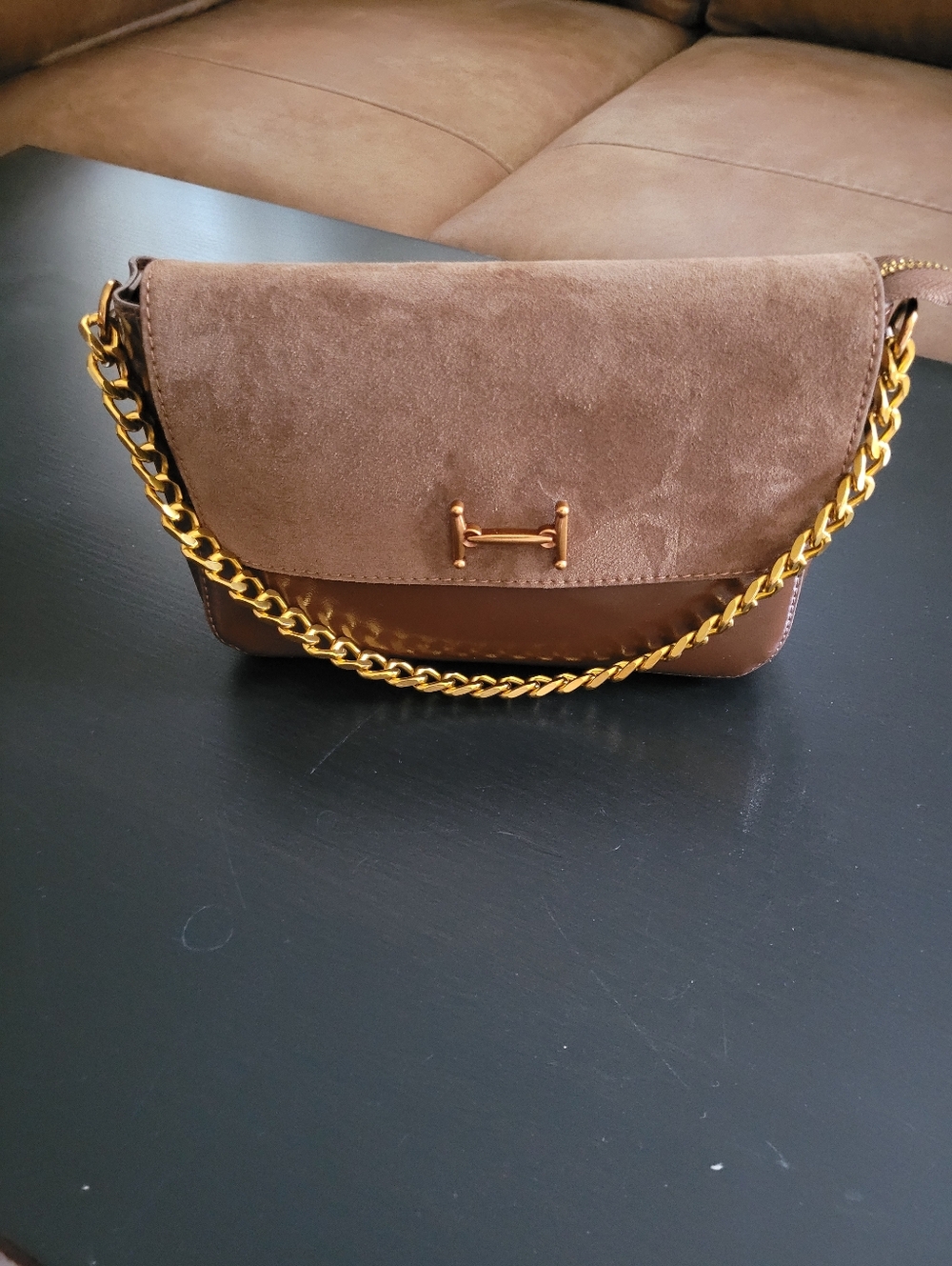 Brown Suede & Vegan Leather Shoulder Bag with Gold Chain